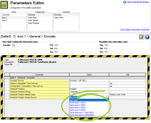 Parameters Editor with all of the Absolute Position Reset Source options showing and circled